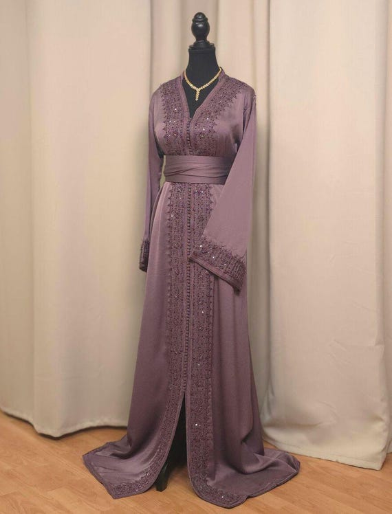 Luxury Moroccan Wedding Taupe Kaftan: Handmade Crepe Dress, Plain Embroidery, Elegant Abaya, Moroccan Caftan, Nikkah Dress