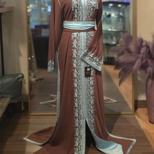 Fancy Caftan Samar Brown, embroidered with Plain Tone threads, Moroccan dress, Kaftan, Bride dress, wedding caftan, Nikkah Dress,