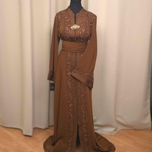 Brown Fancy Moroccan Caftan: Wedding Dress,Plain Embroidery, Elegant Abaya, Moroccan Caftan, Nikkah Dress, Price including USA Duties tariff