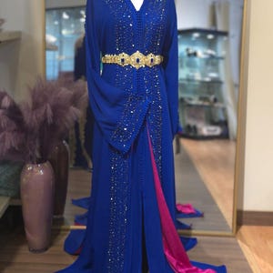 Fancy Caftan Blue  Nihad, hand made plain tone, Moroccan dress, Kaftan, Bride dress, wedding caftan, Nikkah Dress,