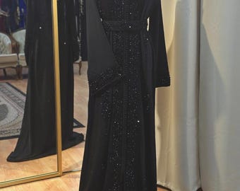 Handmade Moroccan Crepe Kaftan: Elegant Black Nikkah Dress, Price including USA Duties tariff