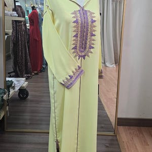 Jellaba Anais Yellow , embroidered with gold and purple, Moroccan Abaya, Djellaba, Eid Jilbab, Moroccan dress, Salat Dress, Ramadan2025
