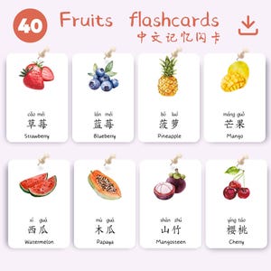 40 frutas comuns - Flashcards chineses ｜ Jogos educativos, memorização de vocabulário, aprendizagem de mandarim (download instantâneo e impressão)