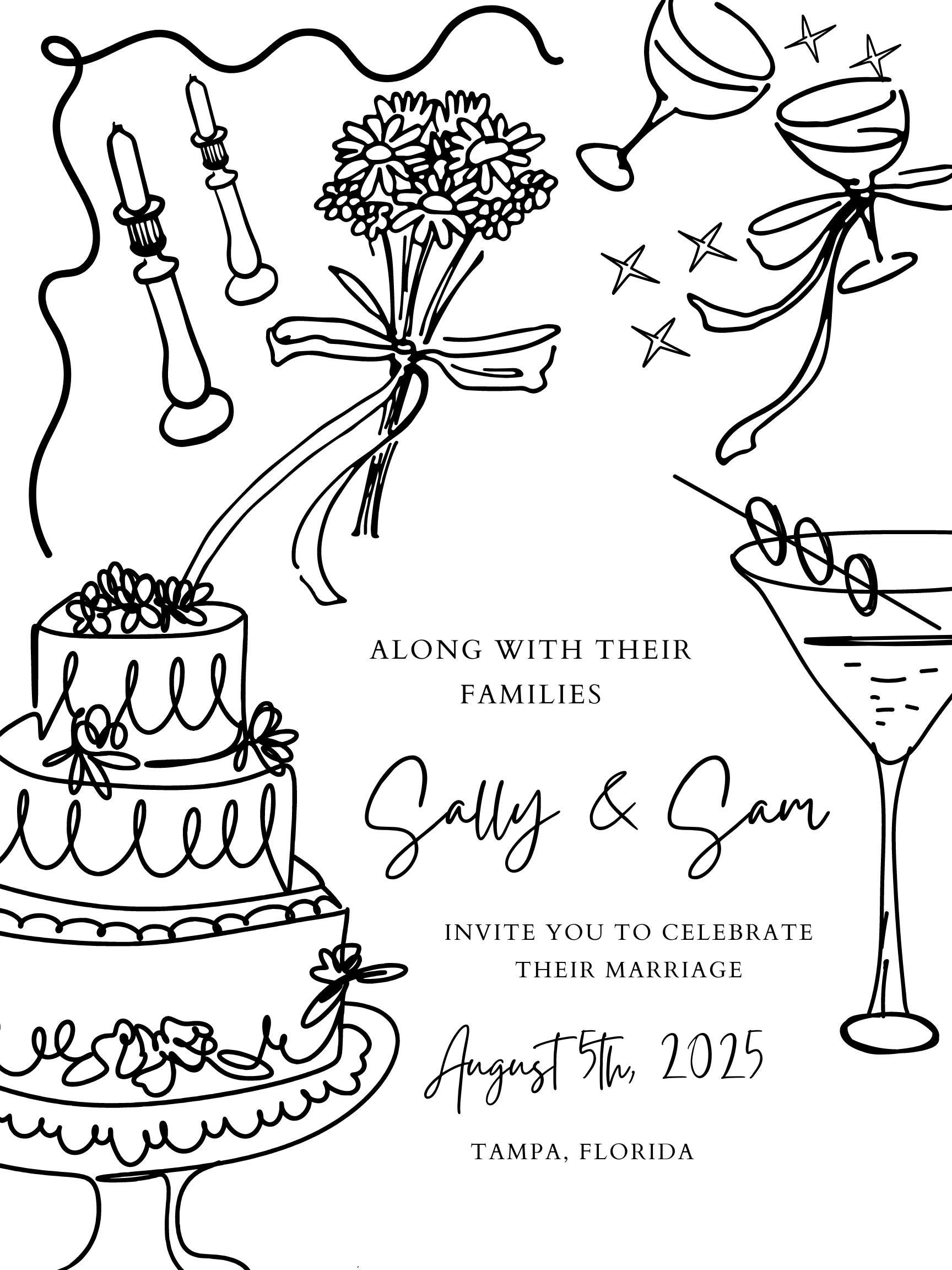 Wedding Invitation Print Template Eclectic Coquette Sketch Design