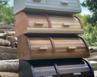 Panera doble de madera hecha a mano, panera de haya maciza con tapa enrollable, organizador de cocina en varios colores