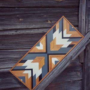Premium Walnut Barn Quilt Wall Art for Living room, Geometric Mosaic Wood Wall Art, Large Aztec Wall Hanging, Handmade Housewarming Gift