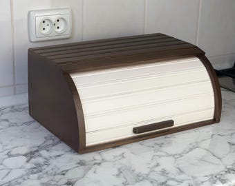 Panera de madera con tapa enrollable, hecha a mano, color blanco y marrón, organizador de cocina, regalo de decoración rústica.