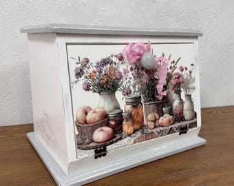 Vintage Wooden Bread Box with Floral Print | Handmade Rustic Kitchen Storage, Cabinet | Shabby Chic Farmhouse Decor | Housewarming Gift