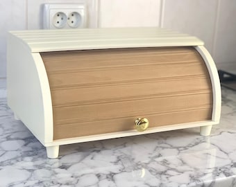 Handmade White Wooden Bread Box with Roll Top, Handmade Bread Bin, Scandinavian Kitchen Storage, Light Wood Bread Keeper, Modern Home Decor