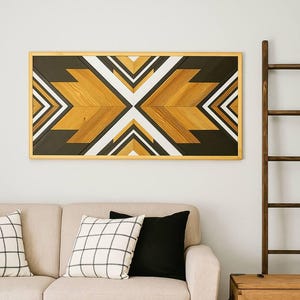 Premium Walnut Barn Quilt Wall Art for Living room, Geometric Mosaic Wood Wall Art, Large Aztec Wall Hanging, Handmade Housewarming Gift