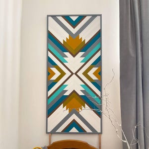 Large Aztec Wood Wall Art | Geometric Boho Wood Panel | Handmade Barn Quilt Wall Hanging | Southwestern Wooden Decor | Rustic Home Accent