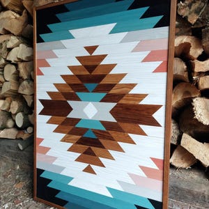 Large Aztec Wood Wall Art | Geometric Boho Wood Panel | Handmade Barn Quilt Wall Hanging | Southwestern Wooden Decor | Rustic Home Accent