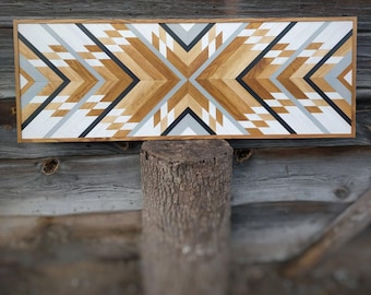 Arte geométrico de madera para pared, panel azteca grande, decoración rústica de granero, mosaico de madera hecho a mano, tapiz moderno de estilo rústico, regalo para el hogar.