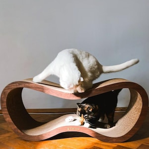 May include: A curved, double-level cat scratcher made of dark wood with corrugated cardboard surfaces. A white cat stands on the top level, while a tortoiseshell cat is on the bottom level. The text "Cat Joy" is printed on the front wooden frame.