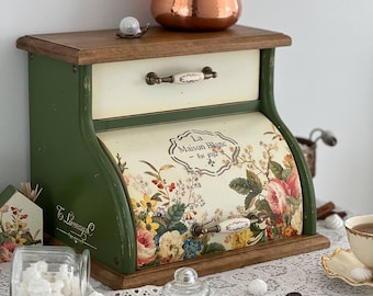 Panera francesa hecha a mano, almacenamiento rústico para cocina, panera estilo granja, vitrina de madera hecha a mano, regalo de Navidad para el hogar.