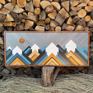 Mountain Wood Wall Art, Landscape Panel, Geometric Barn Quilt, Mosaic Natural Wood Wall Hanging, Rustic Boho, Handmade Wooden Artwork