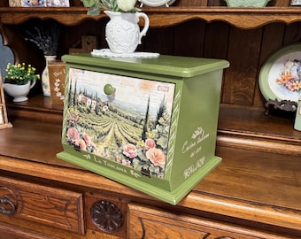 Handmade Vintage Style Bread Box | La Toscana Italian Kitchen Decor | Hand-Painted Wooden Bread Bin