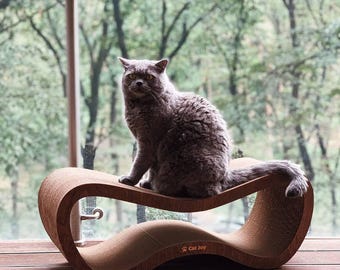 Cama moderna para gatos con rascador, cama de madera para gatos, rascador de cartón, almohadilla para rascar, mueble duradero para gatos que les permite relajarse y rascar.