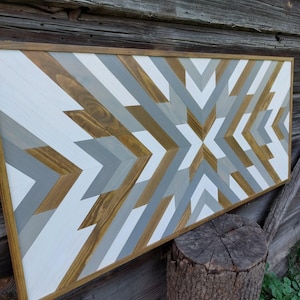 Geometric Wood Mosaic Wall Art, Handmade Wooden Barn Quilt, Rustic Farmhouse Decor, Large Aztec 3D Wooden Wall Hanging, Housewarming Gift