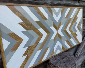 Geometric Wood Mosaic Wall Art, Handmade Wooden Barn Quilt, Rustic Farmhouse Decor, Large Aztec 3D Wooden Wall Hanging, Housewarming Gift