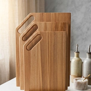 Wooden cutting board set with stand, 3 piece kitchen prep boards, solid ash and oak serving boards, farmhouse kitchen decor, gift idea