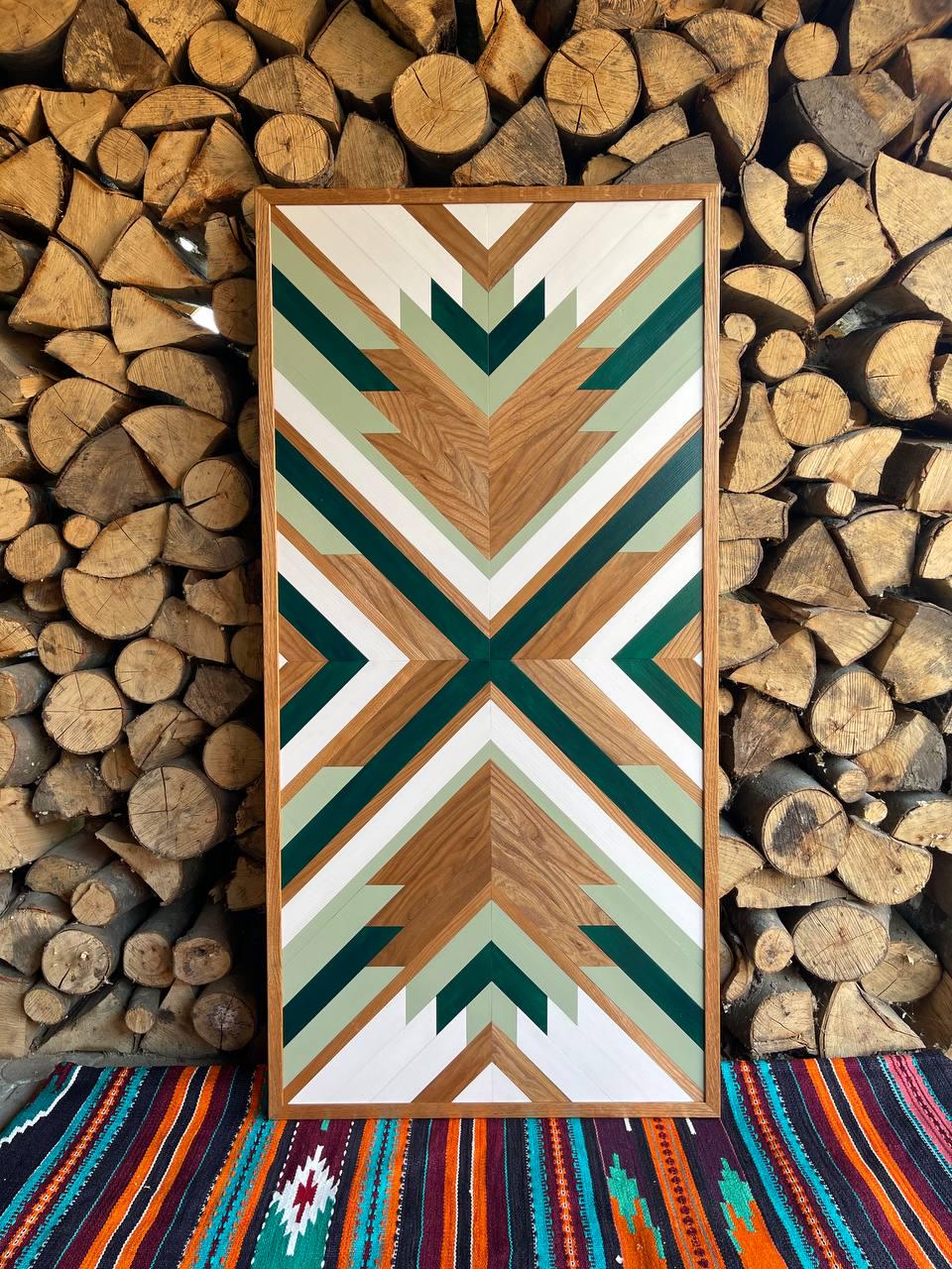 Premium Walnut Barn Quilt Wall Art for Living room, Geometric Mosaic Wood Wall Art, Large Aztec Wall Hanging, Handmade Housewarming Gift