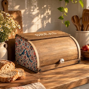 Rustic Wooden Bread Box, Handmade Roll Top Bread Bin, Vintage French Farmhouse Kitchen Decor, Decorative Wooden Bread Keeper
