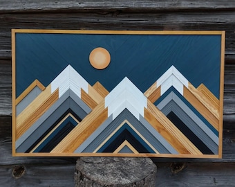 Cuadro de pared grande de madera de montaña / Edredón geométrico de granero / Tapiz de pared de mosaico de madera natural / Panel de paisaje rústico bohemio / Obra de arte de madera