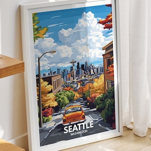 Seattle travel print - Washington, Seattle travel poster, Washington travel poster, Washington cityscape wall art, unique city decor