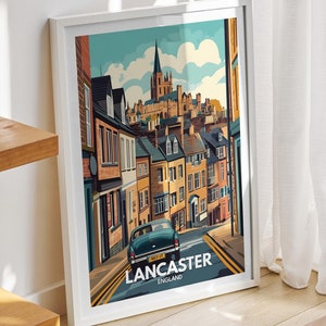 Lancaster travel print - England, Lancaster travel poster, England travel poster, United Kingdom cityscape wall art, British city art decor