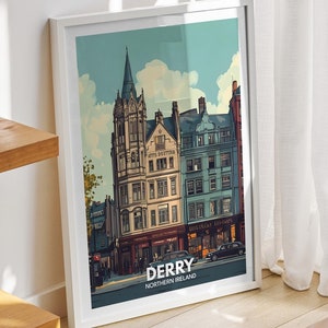 Derry travel print - Northern Ireland, Derry travel poster, Northern Ireland travel poster, Northern Ireland cityscape wall art, city decor