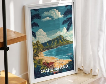 O‘ahu Island print - United States, O‘ahu Island poster, United States travel poster, Natural Island wall art, Seaside art decor