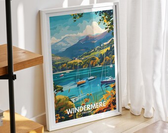 Windermere print - England, Windermere poster, England travel poster, Natural Lake wall art, Lake view art decor, Holiday poster