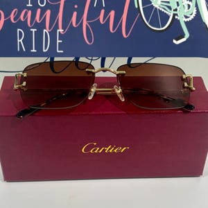 Cartier Rimless Sunglasses, Vintage Pure Titanium Temple With Brown Lens Eyewear Men/ Women, Parents Day Gift, Gift For Mum/Dad