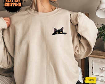 Felpa con gatto, felpa con gatto carino, maglietta con gatto nero, felpa con gatto che sbircia, felpa divertente da donna, regalo per gli amanti dei gatti, felpa con mamma gatta