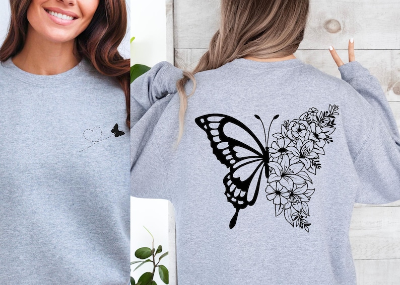a woman wearing a sweatshirt with a butterfly on it