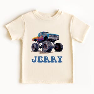 パーソナライズされたモンスタートラックキッズシャツ：カスタムネームトラクターTシャツ
