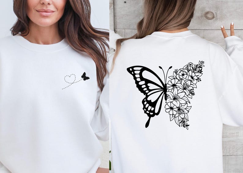 a woman wearing a white sweatshirt with a butterfly on it