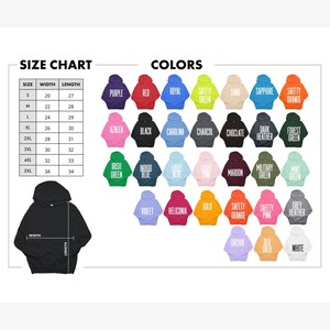 the size chart for a hoodie with different colors