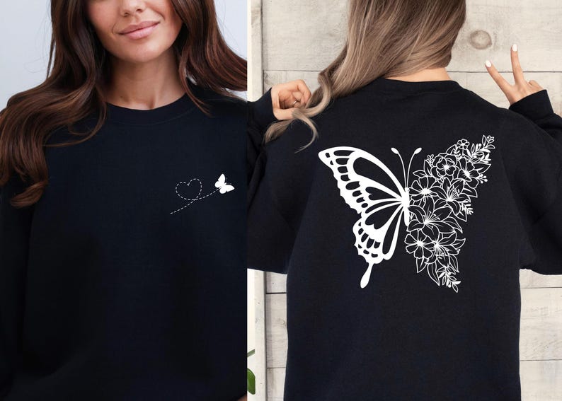 a woman wearing a black shirt with a butterfly on it