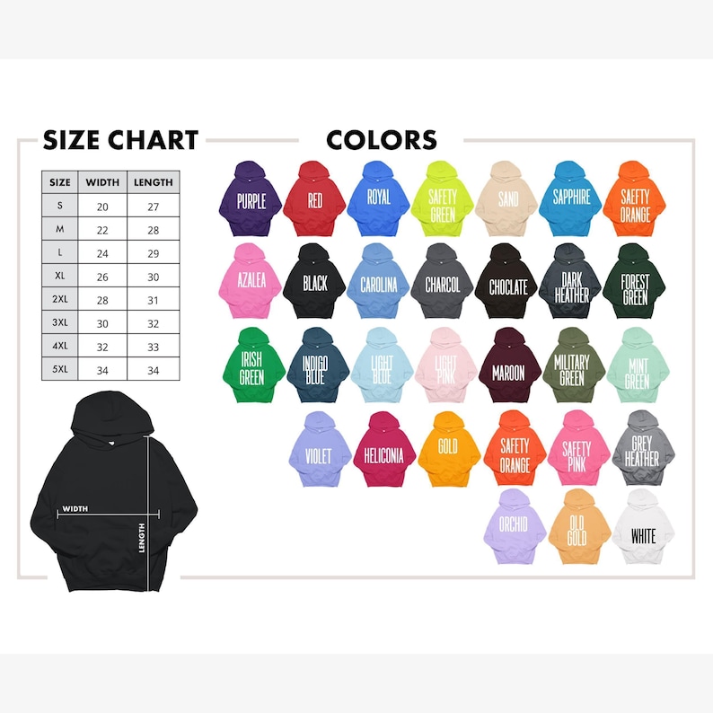 the size chart for a hoodie with different colors