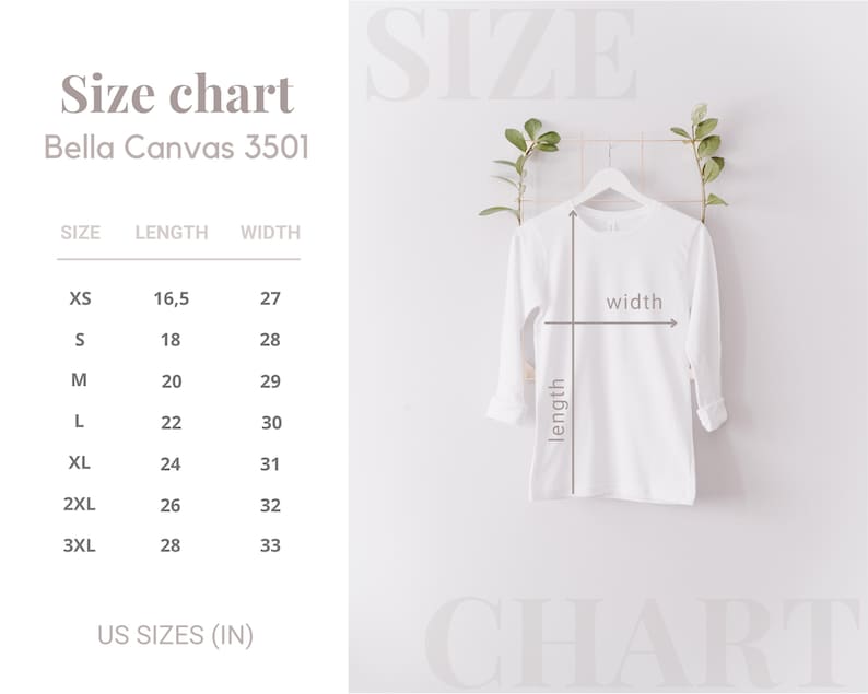 a size chart for a t - shirt hanging on a wall