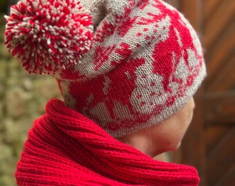 Cappello fatto a mano "Home Alone" | Set cappello e sciarpa di Kevin | Cappello invernale a doppio strato lavorato a mano | Cappello natalizio accogliente con motivo a renne
