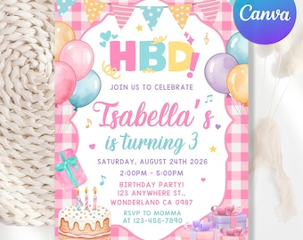 May include: A pink and white birthday party invitation with the text "HBD!" and "Isabella's is turning 3". The invitation includes balloons, a cake, and gift boxes. The Canva logo is in the upper right corner.