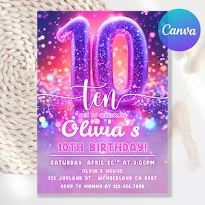 Editable Giltter Girl Birthday Invite, 10th Birthday Invitation, Foil Balloon Number Ten Birthday Ffor Girl Invite, Canva Template