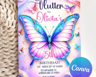 Invitación de cumpleaños editable con mariposas, invitación floral con mariposas, invitación de cumpleaños para niña, mariposa floral caprichosa, plantilla de Canva