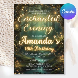 Editable Sweet 16 Birthday Invitation, Enchanted Forest Sweet 16 Invitation, Enchanted Garden Party Fairy Garden, Canva Template Printable