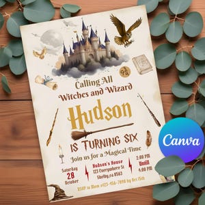 Bewerkbare wizard verjaardagsuitnodiging, magische verjaardagsuitnodiging, W Wizards Witches verjaardagsfeestje, afdrukbare sjabloon Canva