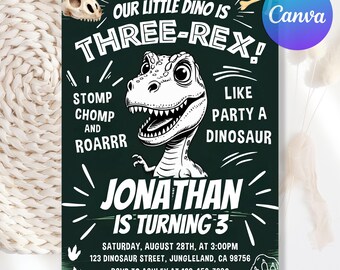 Editable Three Rex Dinosaur Birthday Invitation, Dinosaur Birthday Invitation, Three Rex Birthday Invite, Boys Dino Party, Canva Template