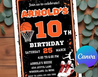 May include: Basketball-themed birthday invitation with orange and black colors. The invitation says "Join us to celebrate! Arnold's 10th Birthday, Saturday 25 March, 4:00 to 6:00 PM, Arnold's House, 1234 Joyful Lane, Wonderland, CA 98765, RSVP to Anna 123-456-7890".